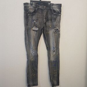 EXCHANGE Distressed Skinny Jeans with Paint Accents